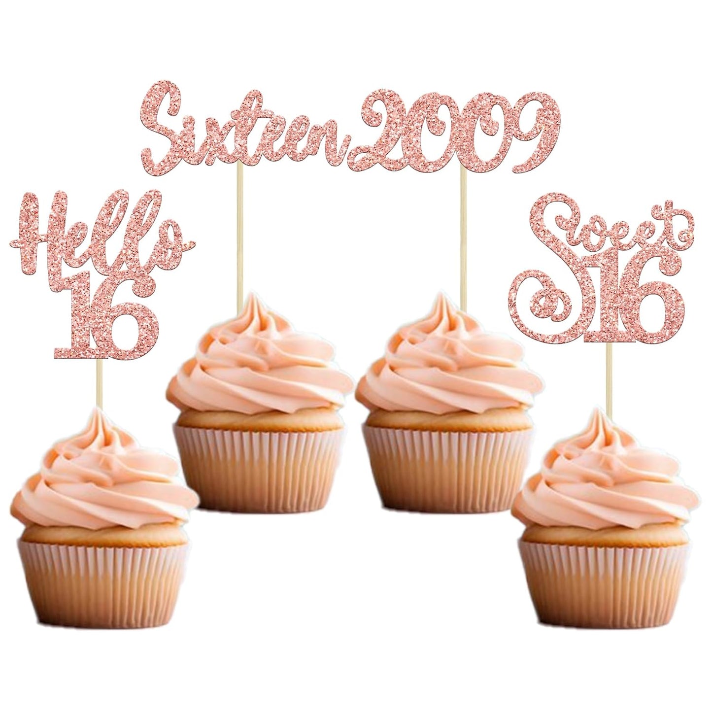 Gyufise 24pcs 16th Birthday Cupcake Toppers - Rose Gold Glitter Hello Sweet 16 Cupcake Picks - 2009 16th Birthday Cake Decorations for Anniversary Party Supplies