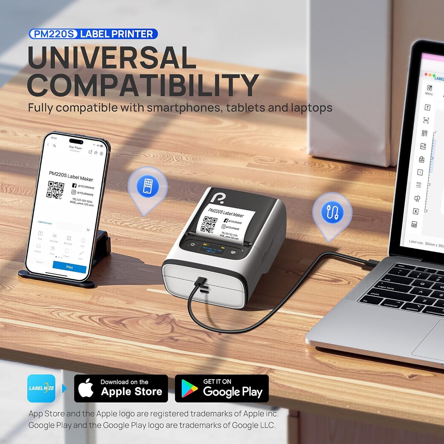 POLONO PM220S Label Maker Machine with Tape, 2 Inch Bluetooth Thermal Label Printer, Portable Sticker Printer for School, Office, Home, Business, Label Maker with 2'' x1.18'' Labels, White