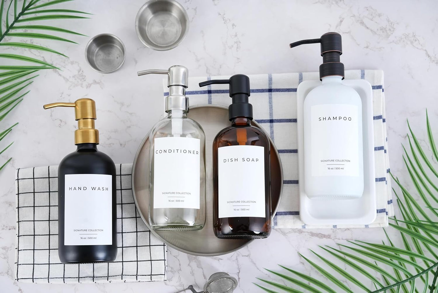 Emerson Soap Dispenser, Dish Soap Dispenser for Kitchen, Soap Dispenser Bathroom Set, Hand Soap Dispenser - Kitchen Soap Dispenser Set, Glass Soap Dispenser with Pump and Labels, 16 Oz, 2 Pack