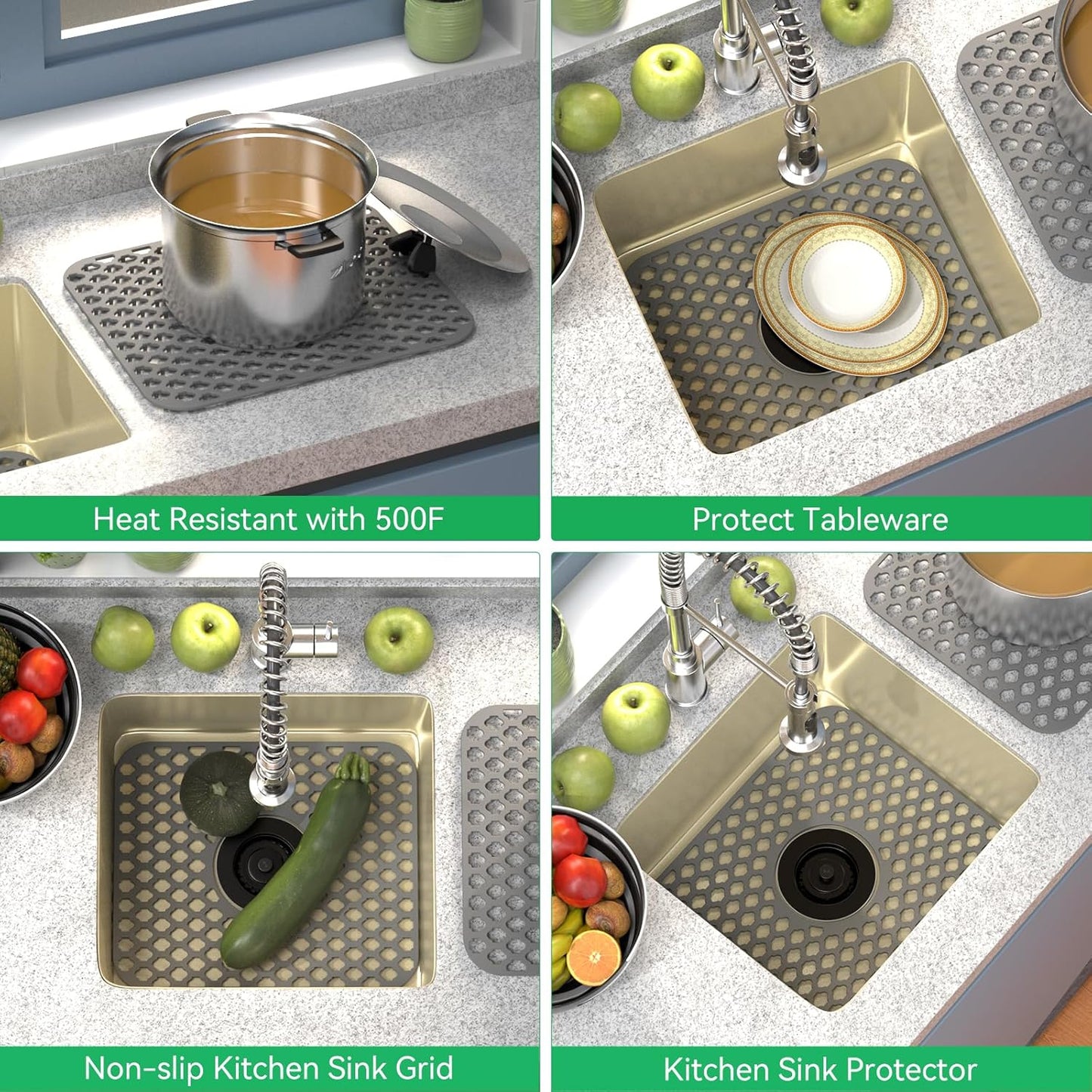 TOOVEM Kitchen Sink Mats, 2PCS Non-Slip Heat Resistant Silicone Sink Protector Mat, Folding Farmhouse Rear Drain Sink Mats, Center Drain, Grey