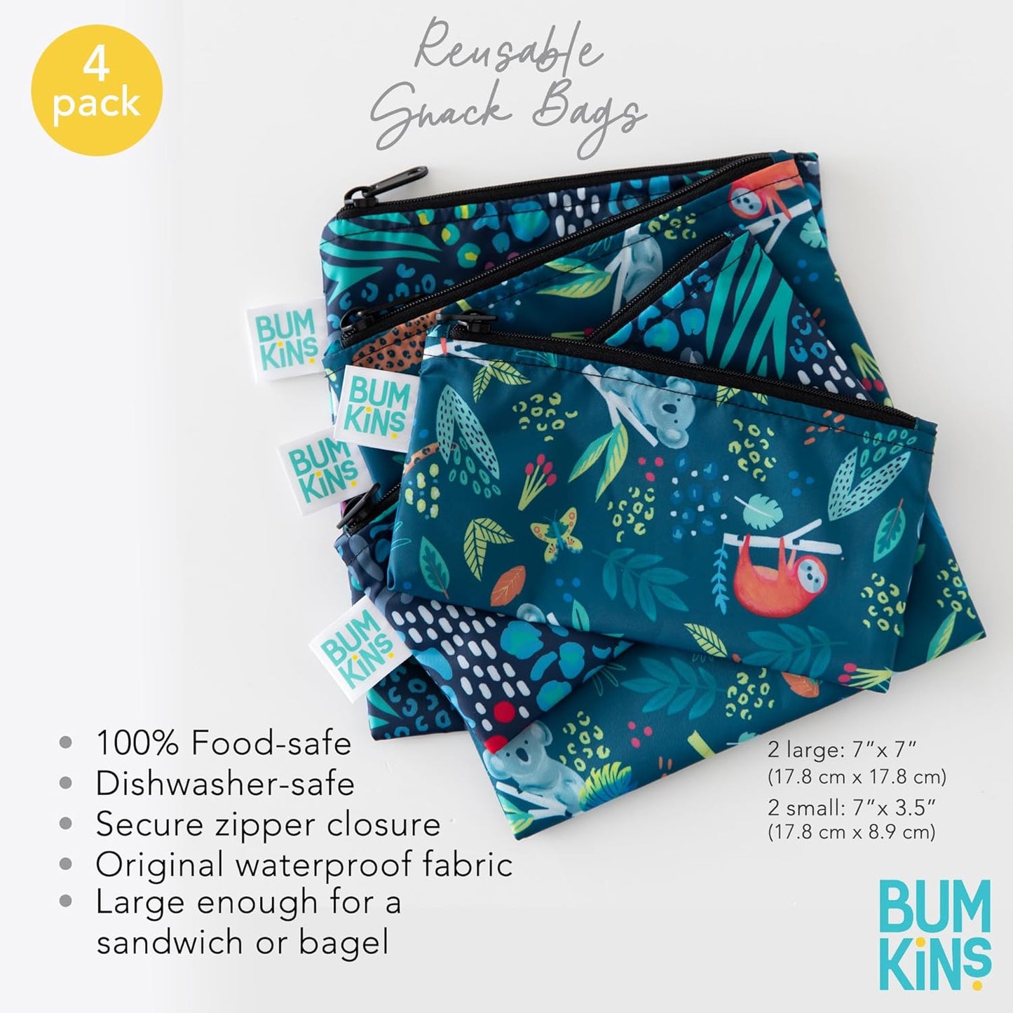 Bumkins - Cloth Snack & Sandwich Bags - For Storage, Travel, Food Prep, Lunch - Reusable, Water Resistant, Washable, Dishwasher Safe - Snack Bags for Kids - Zipper Closure - Jungle - 4 Pack
