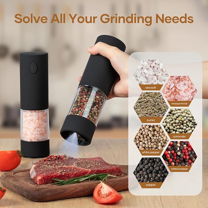 2 Pack Electric Salt and Pepper Grinder Set - USB Rechargeable Automatic Salt Pepper Mill Shaker with LED Light, Adjustable Coarseness, One Hand Operation