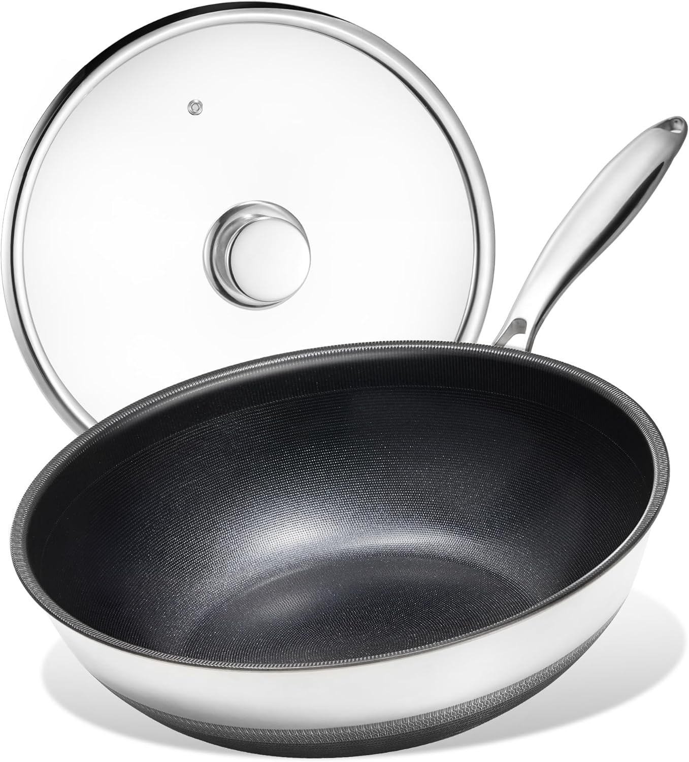 KITEXPERT Non Stick Wok Pan with Lid,12" Titanium Ceramic Pan Nonstick Stainless Steel Stir-fry Pans, PFAS PFOA & PTFE Free, Quick-Cool Handle, Dishwasher & Oven Safe, Compatible with All Cooktops