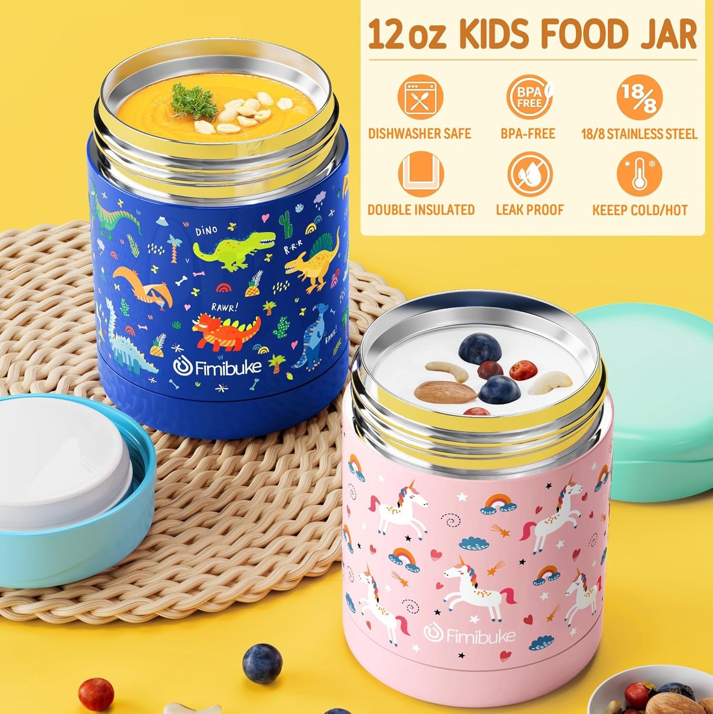 Fimibuke Kids Bento Snack Lunch Box with 4 Compartment, Insulated Bag, Stainless Steel Vacuum Thermos Food Jar, Ice Pack, Utensils Set, Birthday Gift for Age 3-12 Back to School Toddler Girl Boy