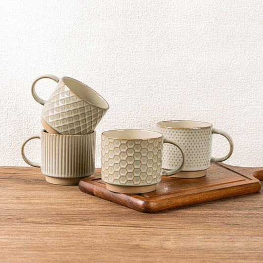 GBHOME 15OZ Stackable Coffee Mugs, Ceramic Coffee Mugs with Texture Patterns for Man,Woman,Dad,Mom, Modern Coffee Mugs Set of 4 for Latte/Cappuccino/Cocoa. Dishwasher&Microwave Safe, Pale Khaki