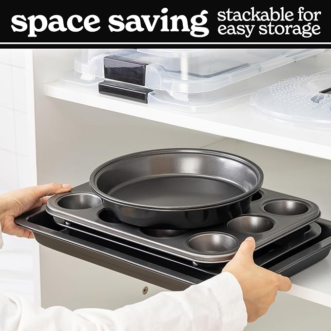 Country Kitchen Baking Pans Set - 10 Piece Non-Stick Cake Pans with Carry Lids for Easy Storage & Travel, Perfect for Parties - Stackable, Black