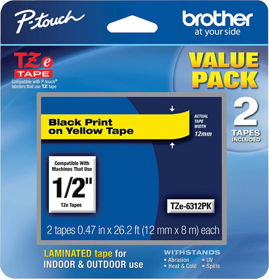 Brother Genuine P-Touch, TZe-6312Pk Tape ½” (12mm) 2-Pack Laminated P-Touch Tape, Black On Yellow Perfect for Indoor Or Outdoor Use, Water Resistant, 26.2 Ft. (8M)