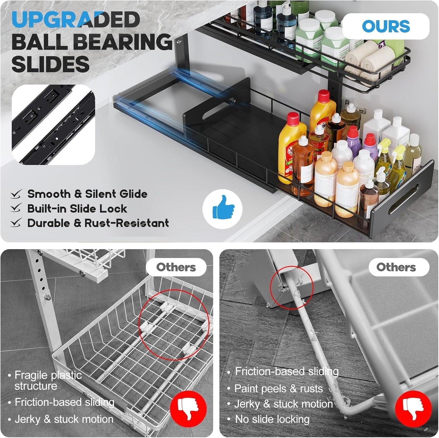 2 Pack 21 IN Depth Pull Out Cabinet Storage With Smooth Rails,2-Tier Dual Pull Out Cabinet Storage For Bathroom Kitchen,Under Sink Shelf-Black