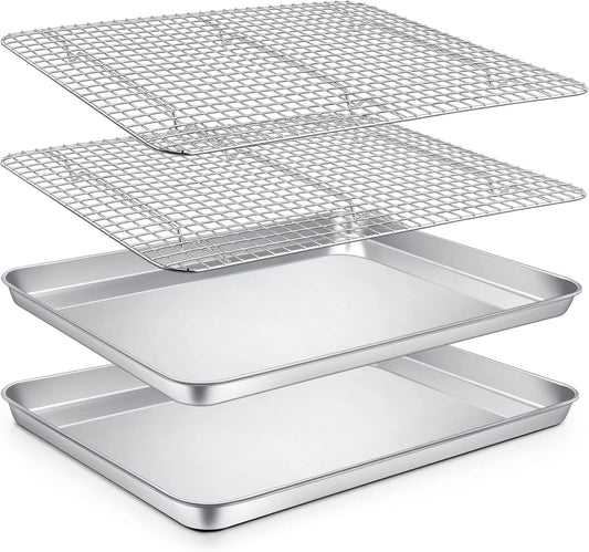 P&P CHEF 16 Inch Baking Sheet and Rack Set, Stainless Steel Cookie Sheets Oven Baking Pans Trays with Cooling Racks for Cooking & Roasting, Oven & Dishwasher Safe, (4Pcs)