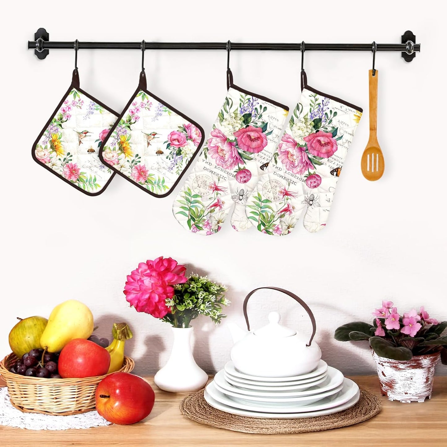 Vintage Flower Oven Mitts and Pot Holders Sets 4Pcs, 100% Cotton Heat Resistant, Extra Long Oven Gloves Potholder for Kitchen Cooking Baking Decoration