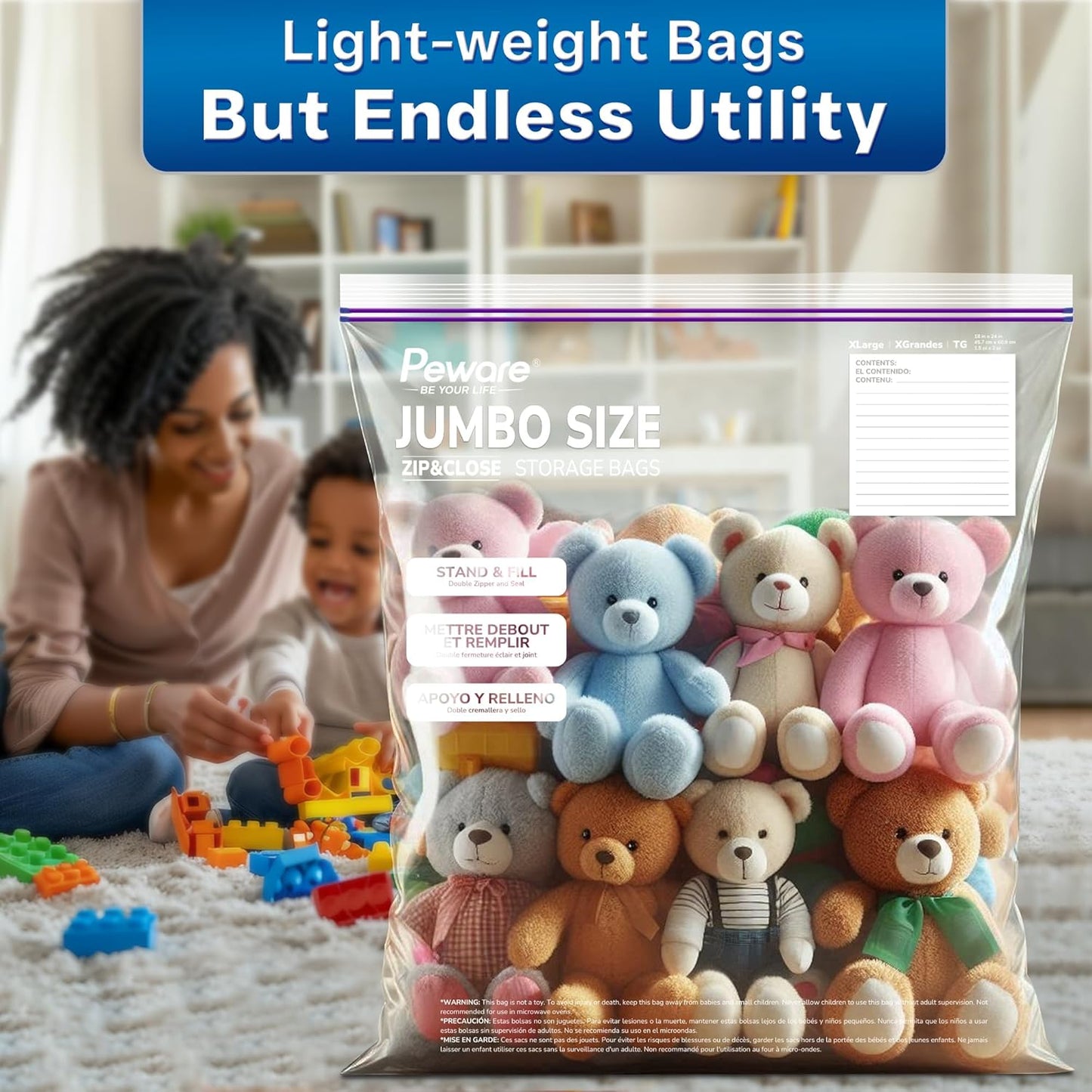 Large Storage Bags, 16"x20" Jumbo Plastic Bag, BPA Free, 3.5 Gallon XL Zipper Lock Baggies for Clothes Pillow Travel Moving - 15 Roomy Bags