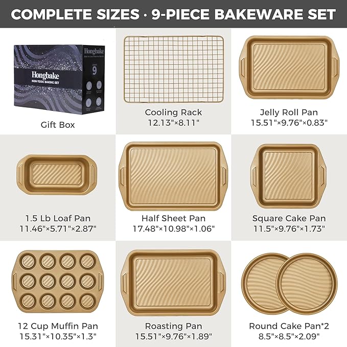 HONGBAKE 9-Piece Baking Pans Set with Wave Texture for Reduced Oil, 0.8mm Thick Bakeware Sets Non Stick, Includes Stackable Cookie Sheets for Oven Cooking, Cake Pan, Muffin Pan, Loaf Pan, Rack, Gold