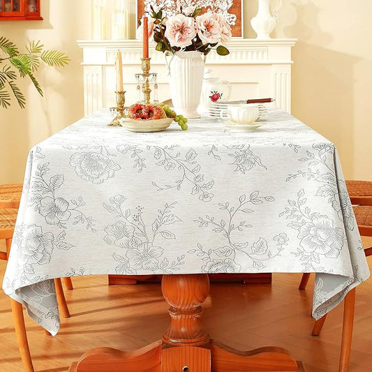 Chassic Premium Vintage Farmhouse Damask Floral 60 x 60 inch Square Table Cloth – Water Resistant Linen Textured Jacquard Tablecloth for Kitchen Dining & Picnic Decor - Grey