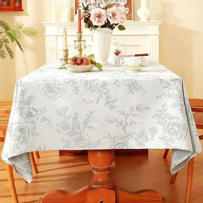 Chassic Premium Vintage Farmhouse Damask Floral 60 x 84 inch Rectangle Table Cloth – Water Resistant Linen Textured Jacquard Tablecloth for Kitchen Dining & Picnic Decor - Grey