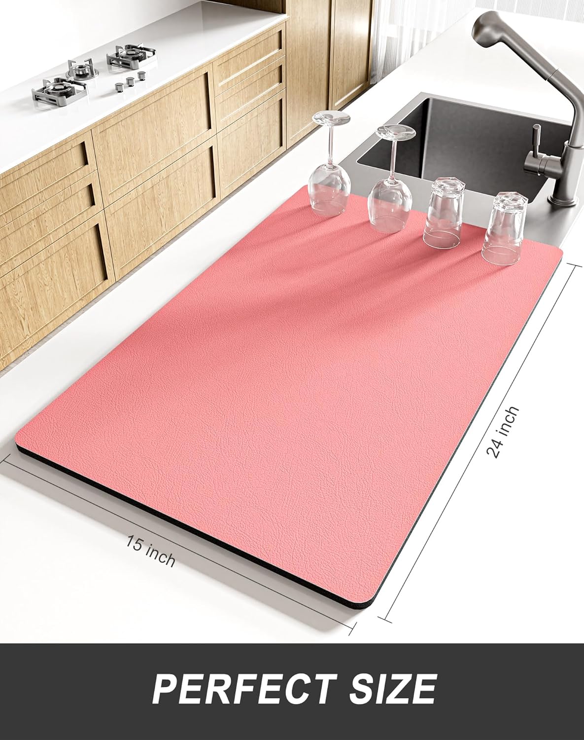 Rnivvi Dish Drying Mat for Kitchen Counter, XL 15 x 24" Super Absorbent Drainer Pad Easy Clean Dish Rack Pad, Non-Slip Heat Resistant Coffee Bar Mats for Coffee Machine Station Accessories, Rose Pink