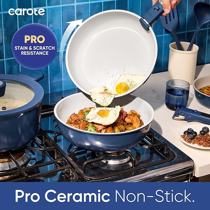 CAROTE 27pcs Ceramic Cookware Set Nonstick, Pots and Pans Set Non stick, Non Toxic Cookware, Dishwasher/Oven Safe, RV/Camping Cookware Set, Pan and Pot with Kitchen Utensils, Navy Blue