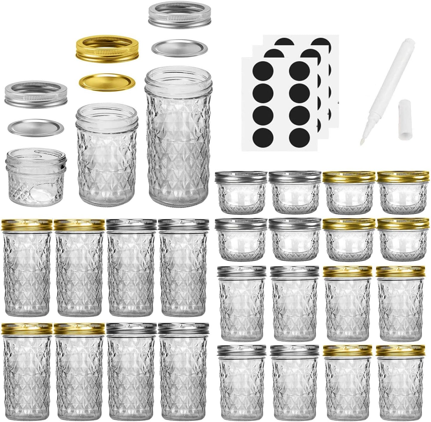 Mason Jars Canning Jars, 24 Pack Jelly Jars With Regular Lids, Ideal for Jam, Honey, Wedding / Shower Favors, DIY Magnetic Spice Jars - 4 OZ x 8, 8 OZ x 8, 12 OZ x 8 (4oz -8oz-12oz)