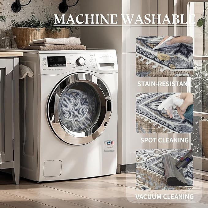 Area Rug for Living Room - Vintage Indoor Machine Washable Rug for Bedroom Dinning Room Floor - Soft Low-Pile Carpet Non-Slip Backing Floral Rugs for Office (Blue/Grey/Brown, 6' × 9')