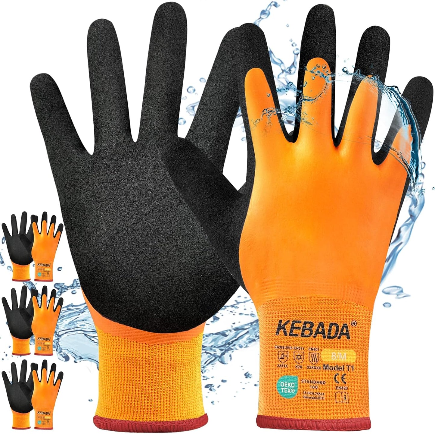 Kebada T1 3 Pairs Waterproof Winter Work Gloves for Men and Women, Warm Work Gloves for Cold Weather, Thermal Insulated Freezer Gloves, 100% Latex Coating & Super Grip, Unisex, Small