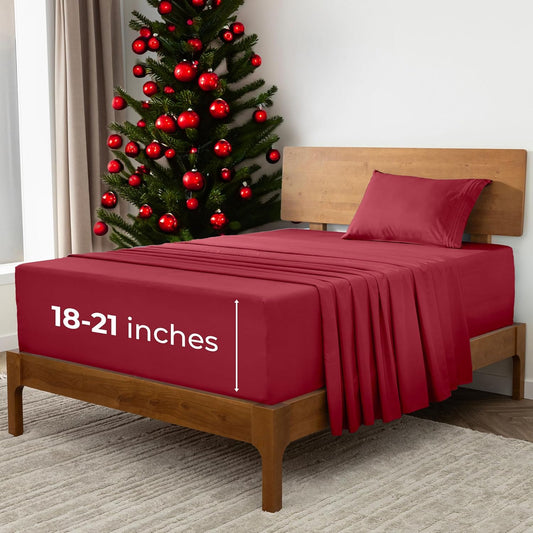 Mellanni Extra Deep Twin Sheets - 3 PC Iconic Collection Bedding - Hotel Luxury, Ultra Soft, Cooling Bed Sheets - Wrinkle, Fade, Stain Resistant (Twin, Brick Red)