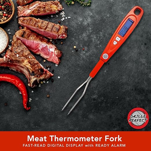 Digital Meat Thermometer Fork for Grilling & BBQ with Ready Alarm, Pro Temp Points for Quick Accurate Temperature on Steak, Pork, Chicken & Hot Grilled Food on Patio or Outside Kitchen