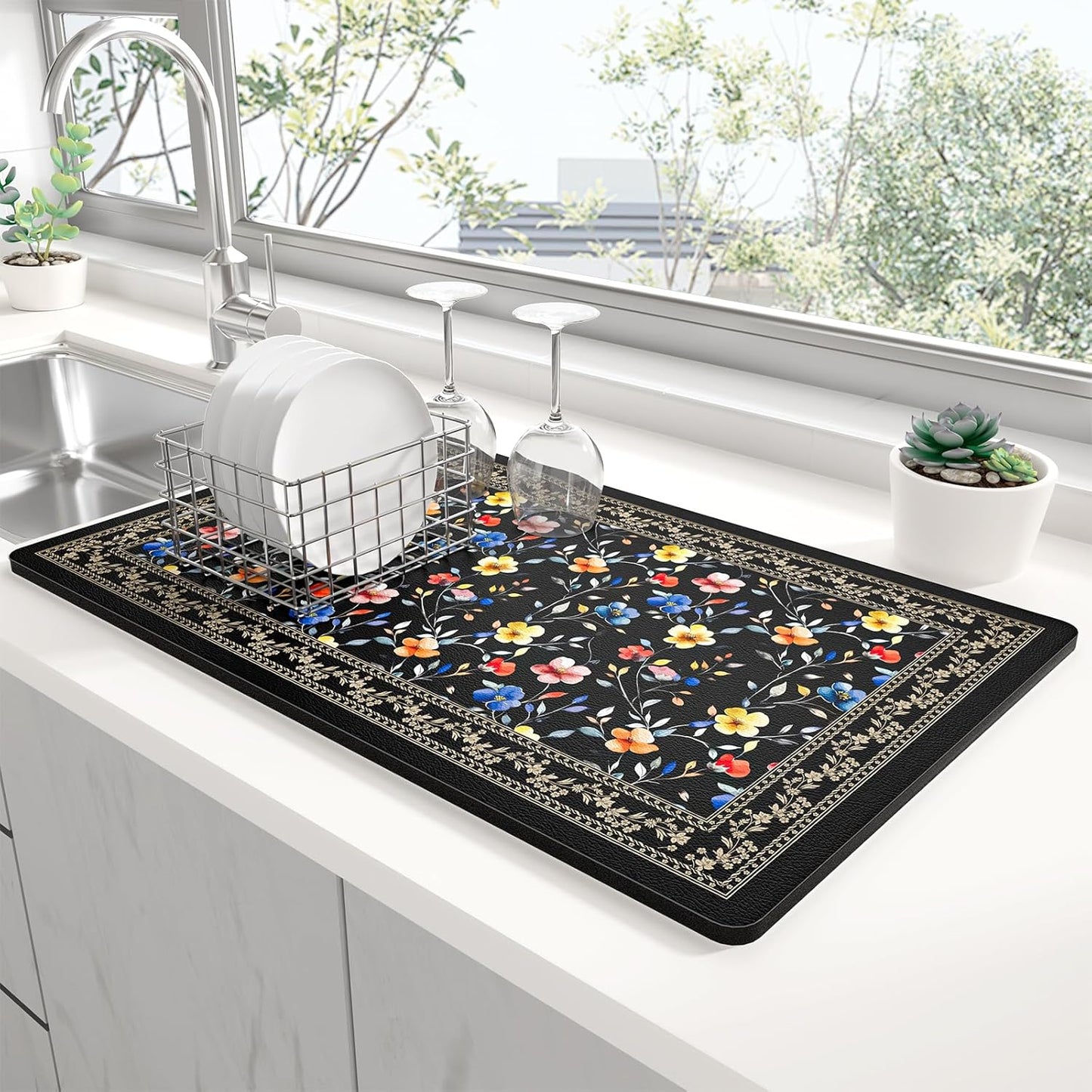 Rnivvi Dish Drying Mat for Kitchen Counter, XL 15 x 24" Cute Flower Theme Super Absorbent Drainer Pad, Non-Slip Heat Resistant Coffee Bar Mat for Coffee Machine Station Accessories,Retro Dish Rack Pad