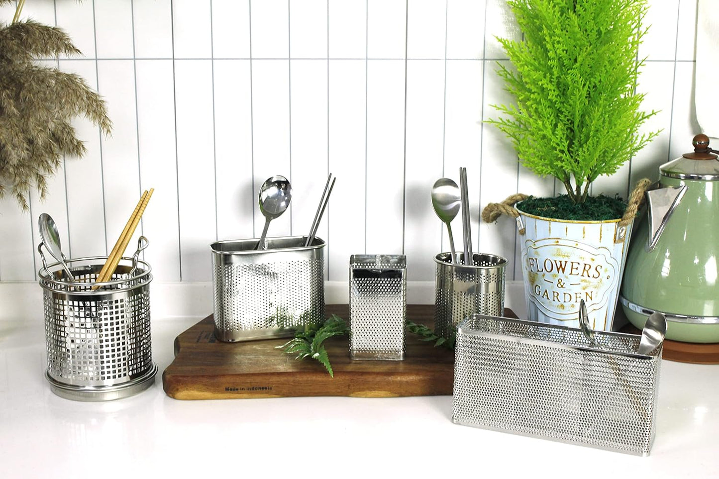 LENITH Kitchen Utensil Chopsticks Perforated Holder with Hooks - 304 Stainless Steel Storage for Organizer Dishwasher Safe (Small Rectangle)