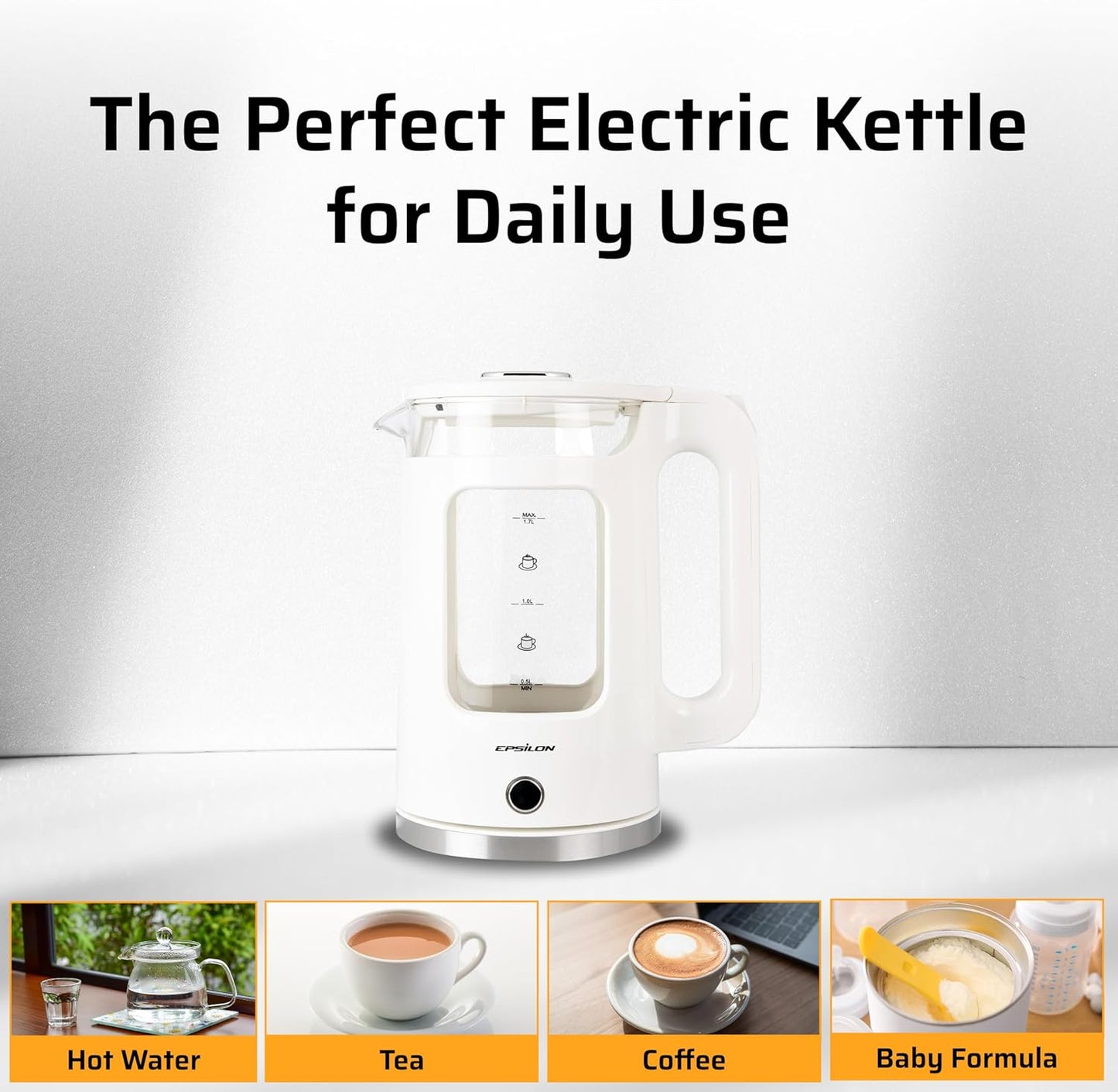 Epsilon 1.7L Glass Electric Kettle – Hot Water Tea Kettle with LED Light, Stainless Steel & Borosilicate Glass, Auto Shut-Off, BPA-Free Electric Teapot, 1500W Fast Boil, Cool Touch