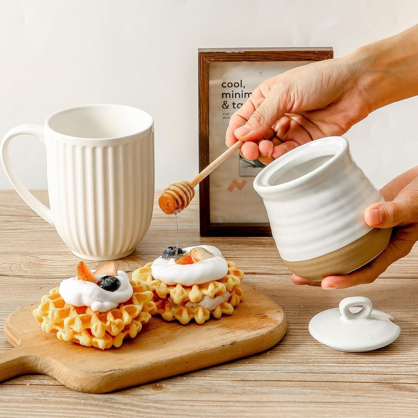 Ceramic 12 Ounce Honey Jar and Dipper Set,Porcelain Honey Pot with Lid and Wooden Dipper,Cute Honey Containers for Party,Holiday,Halloween Favors,Farmhouse Kitchen Decor,Dishwasher Safe,White