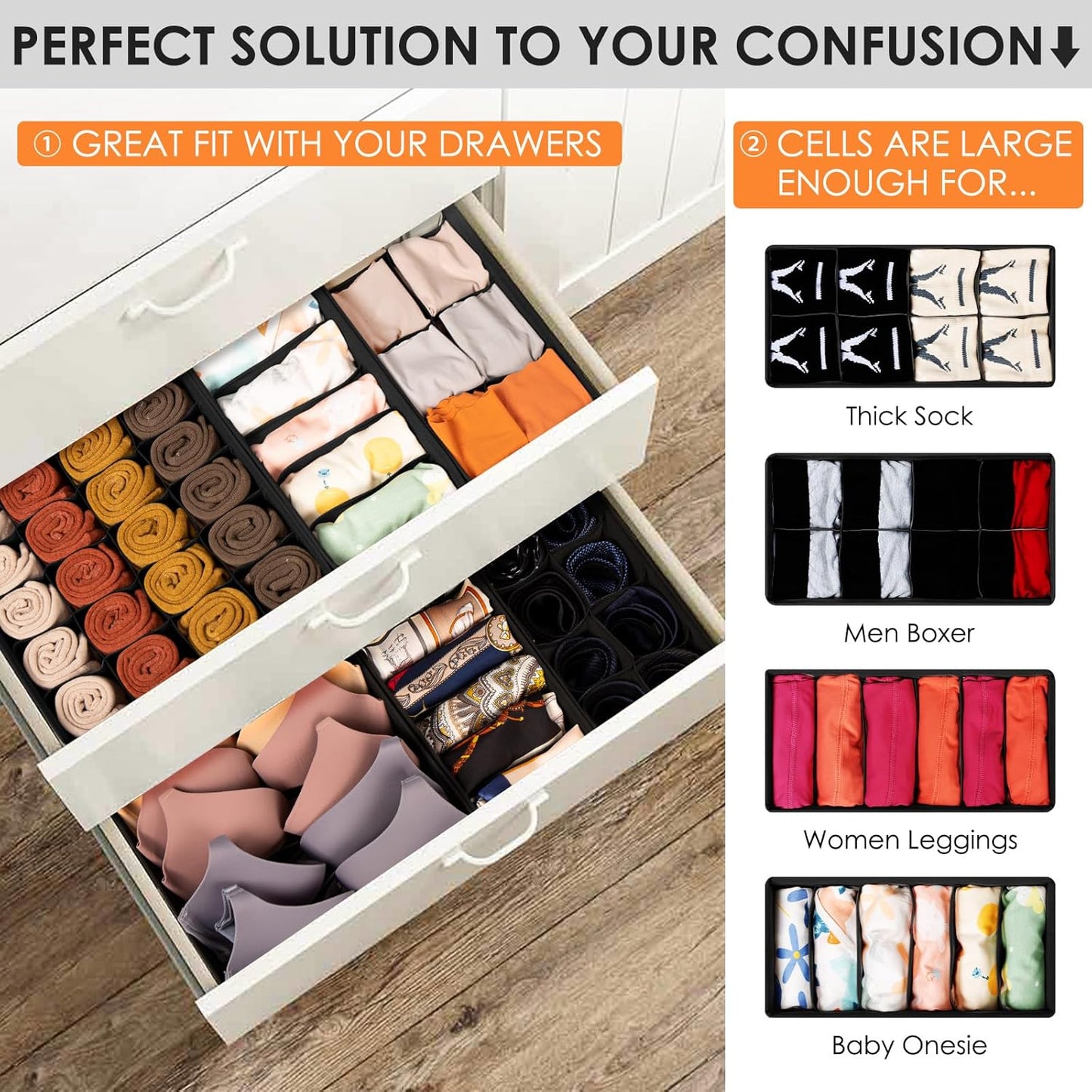 Drawer Organizer Clothes, 16 Pack Dresser Organizer Bins for Baby Clothes, Underwear Sock, Fabric Closet Organization and Storage Dividers for Nursery Bedroom (96 Compartments, Black)