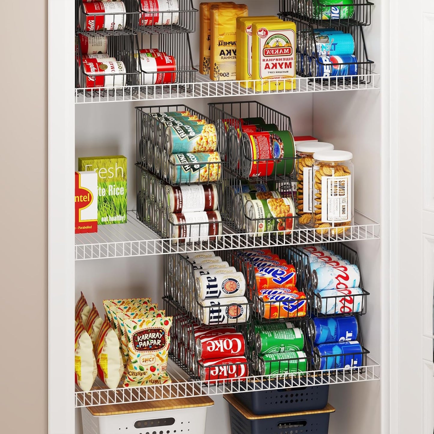 4-Tier Stackable Can Rack Organizer for Kitchen Pantry,Max Can Storage Holder,Durable Can Dispenser & Canned Goods Organizer for Fridge,Hold More 44 Cans, for Various Ounces of Canned Food Soda Drinks