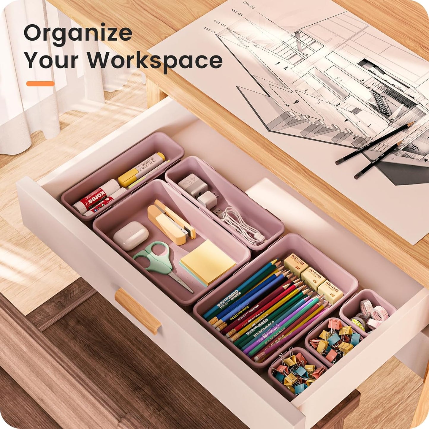A-LuGei 【𝟮𝟮𝗣𝗖𝗦】 Plastic Lilac Desk Drawer Organizer, Bathroom Organizers and Storage, Makeup Organizer, Organization and Storage Bin Container for Vanity Office Utensils Tool Pantry Cosmetic