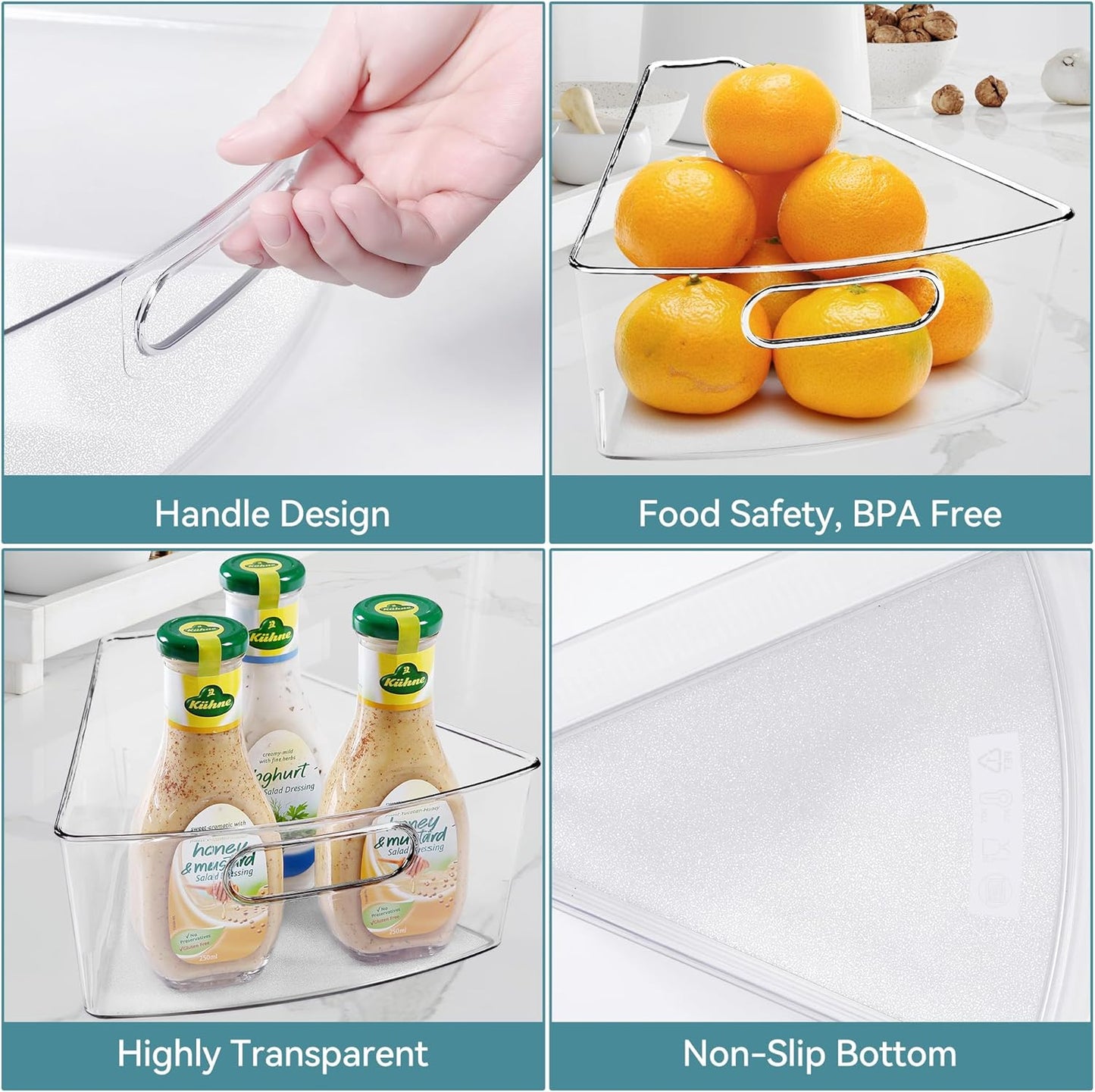 Oubonun Lazy Susan Organizers Set of 8, 12.8’’ x 11.7’’ x 4’’ Plastic Transparent Kitchen Cabinet Storage Bins with Handle, 4" Deep Container, 1/8 Wedge - Food Safe, without BPA