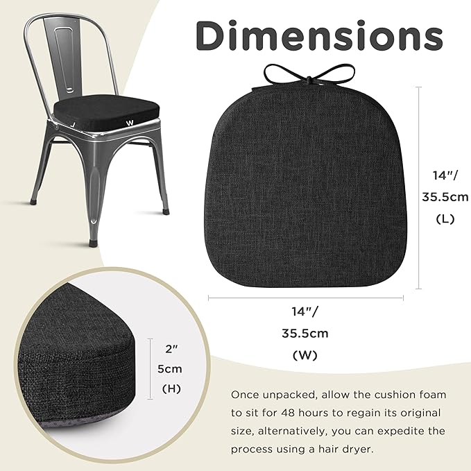 AddGrace Set of 4 Chair Cushions for Metal Dining Chairs 14x14 Chair Pads with Ties Non Slip Thick Seat Cushions with Textured and Removable Cover Black