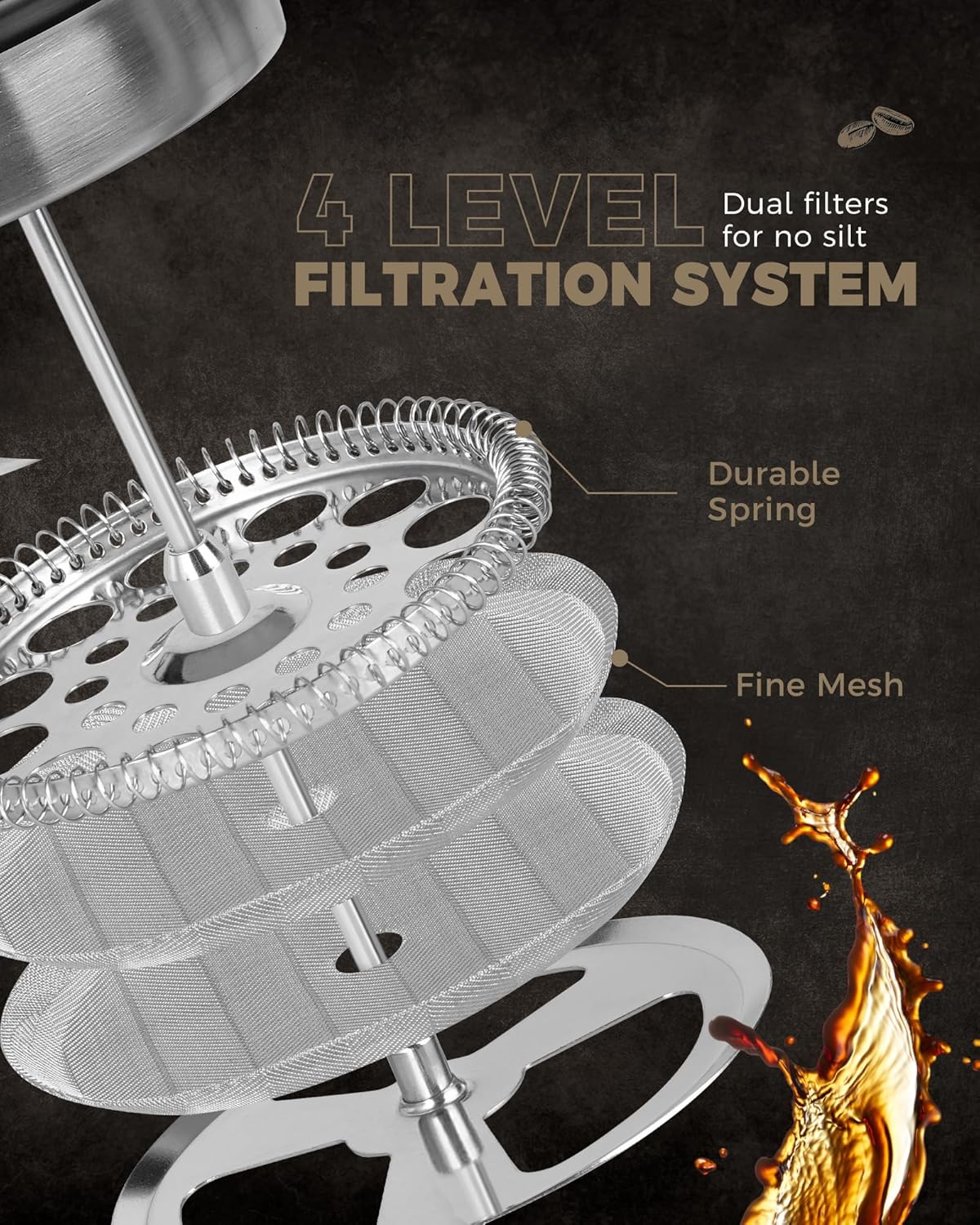 POLIVIAR French Press Coffee Maker, 34 Ounce Coffee Press with Real Wood Handle, Double Wall Insulation & Dual- Filter Screen, Food Grade Stainless Steel for Good Coffee and Tea (Vintage)