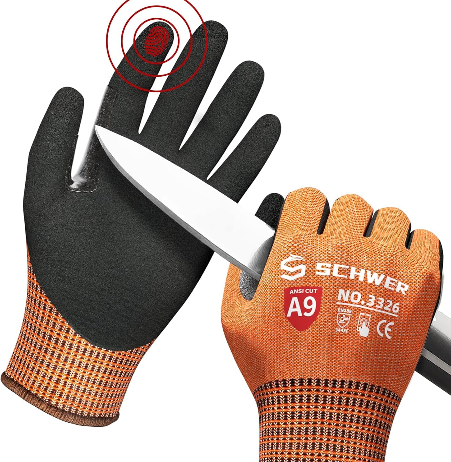Schwer ProGuard Highest Level Cut Resistant Work Gloves PR3326 for Extreme Protection, ANSI A9 Cut Gloves with Reinforced Thumb, Non Slip, Breathable, Cooling, Durable, Touch-screen, Orange 2 Pairs（S）