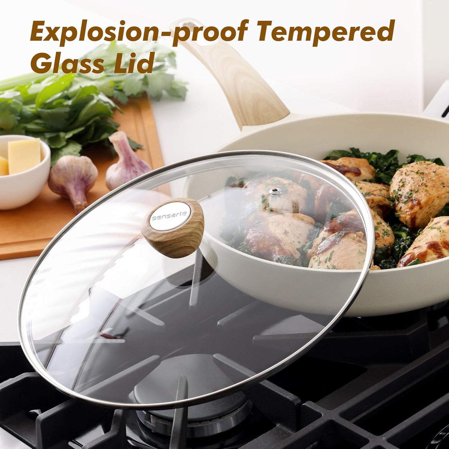 SENSARTE Ceramic Nonstick Frying Pan Skillet with Lid 8inch Non Stick Omelet Pans, Non-toxic Healthy Kitchen Cooking Chefs Pan, Free of Intentionally Added PFOA/PFAS/PTFE, Induction Compatible, White