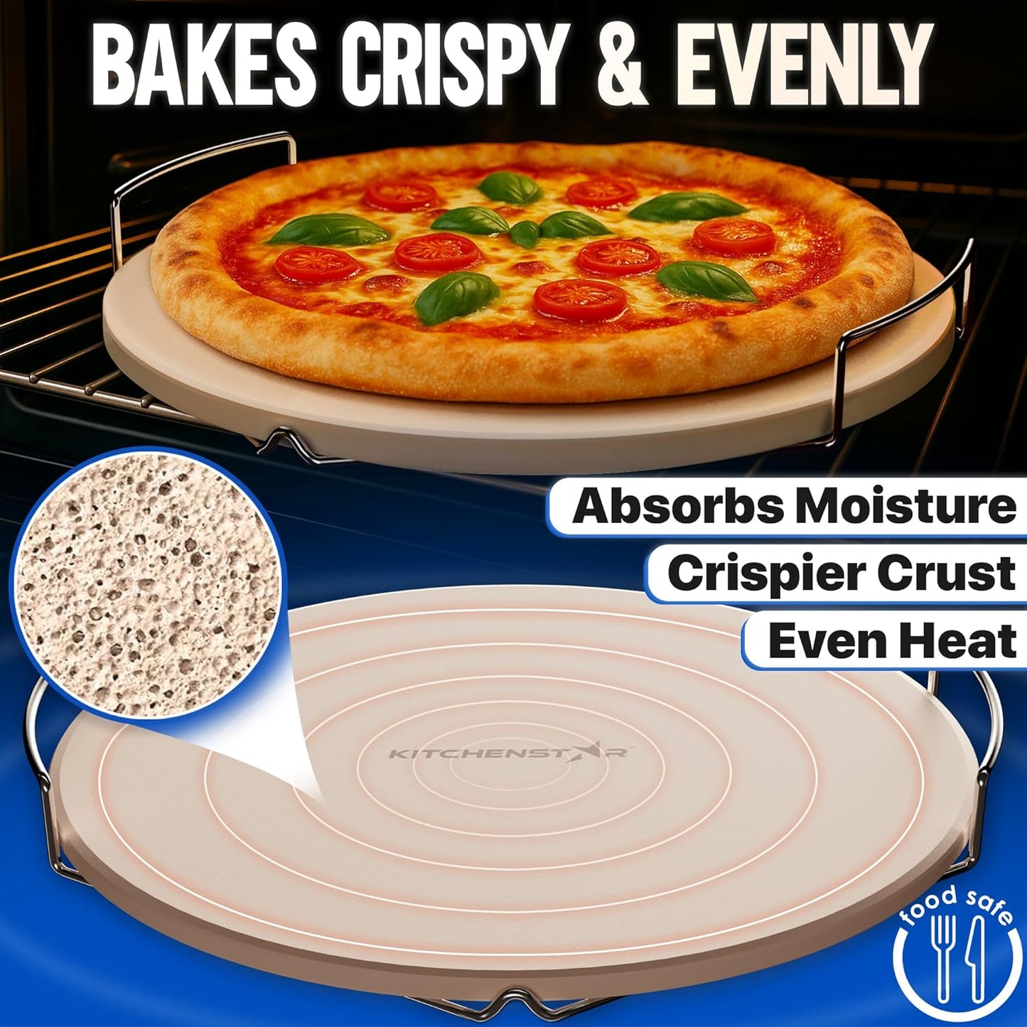KitchenStar 14-inch Pizza Stone for Oven and BBQ Grill with Handles, Round, 5/8" Thick - Natural Cordierite, 1800 °F Resistant, Baking Stone Set with Stainless Steel Rack & Plastic Scraper Tool