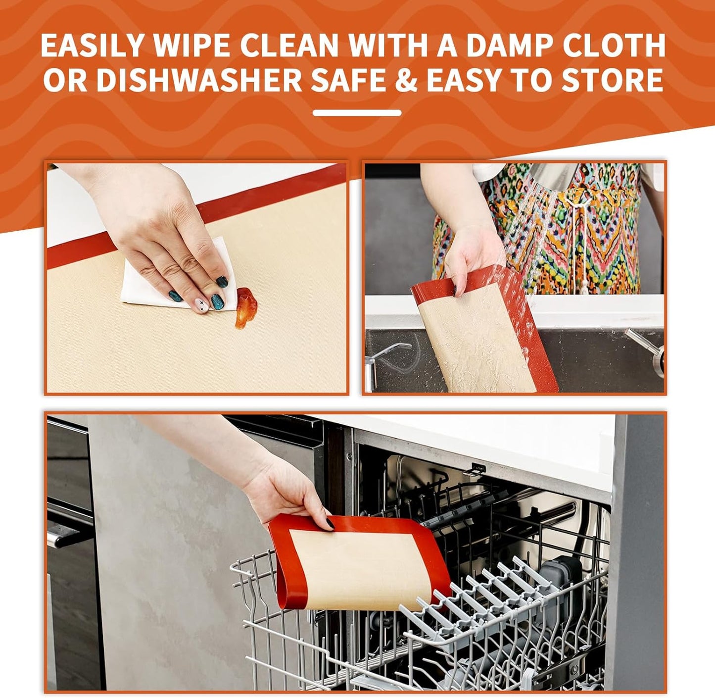 KitchenRaku 3-Pack Silicone Baking Mat, (16.5"x11.6") 2 Half Sheets + 1 Quarter Sheet Reusable Silicone Baking Sheets for Oven, BPA Free Nonstick Bakeware Mats for Cookies, Macarons and Pastry