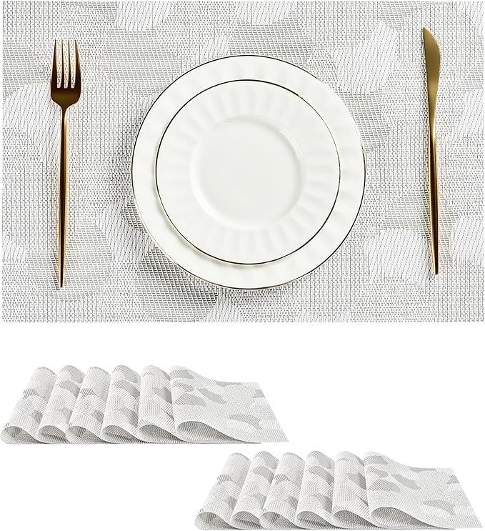 Leetaltree White Placemats Set of 12 - Heat Resistant Non-Slip Place mats for Dining Table, Washable Durable PVC Vinyl Woven Table Mats（White Circle,12）