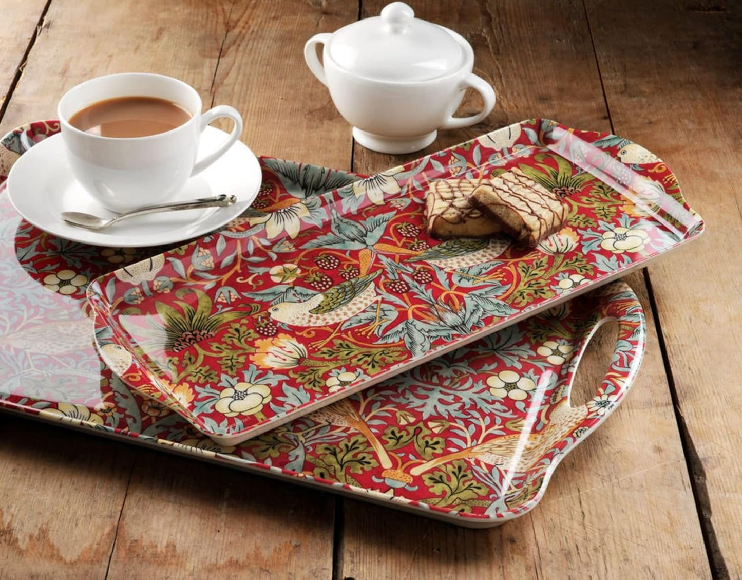 Pimpernel Morris & Co Strawberry Thief Red Melamine Tray with Handles - Elegant Serving Tray for Tea Parties, Decorative Table Display - Stylish Kitchen & Dining Organization, Ideal Gift for Her