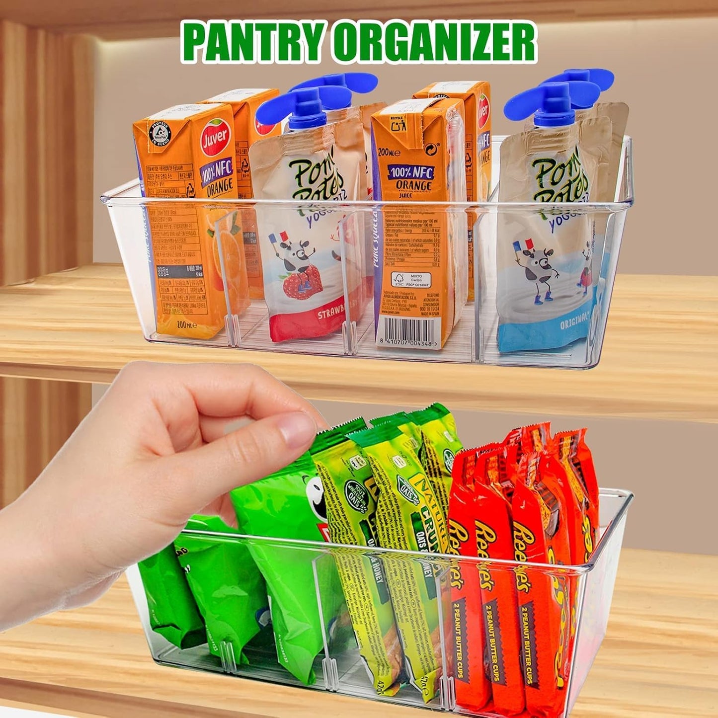 4 Pcs Clear Pantry Organizers and Storage,Plastic Storage Bins for Fridge with Removable Dividers, Kitchen Cabinet Organizers Ideal for Kitchen, Pantry, Refrigerator, Freezer, and Snack Storage