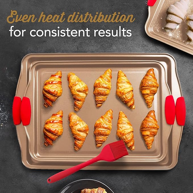 Baking Sheet Set, 3-Piece Cookie Sheet Set with Silicone Handles, Steel Baking Pans Set, Durable Baking Sheets for Oven, BPA Free Cookie Sheets for Baking Nonstick Set, Sheet Pan - Bronze Baking Pan