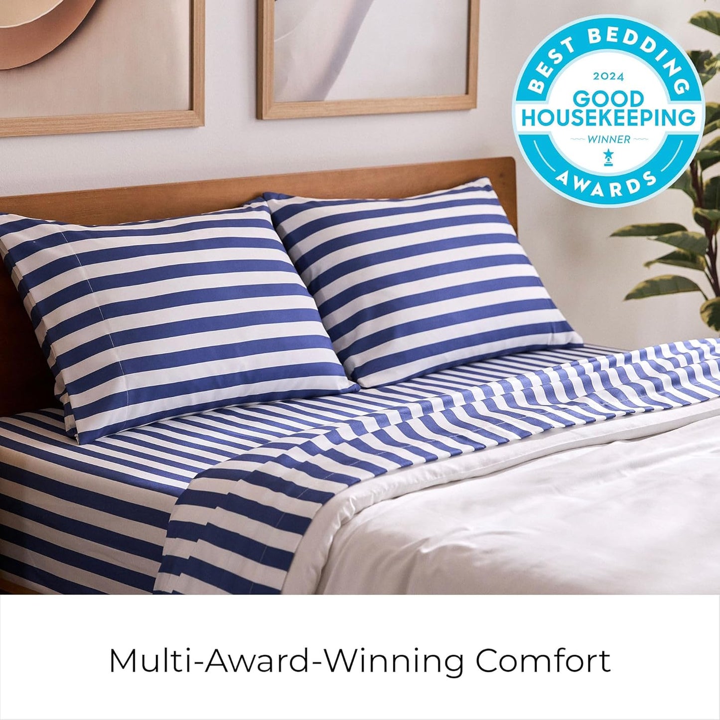Mellanni King Sheets Set - 4 PC Iconic Collection Bedding - Hotel Luxury, Extra Soft, Cooling Bed Sheets - Wrinkle, Fade, Stain Resistant (King, Oxford Stripe Blue Nova)