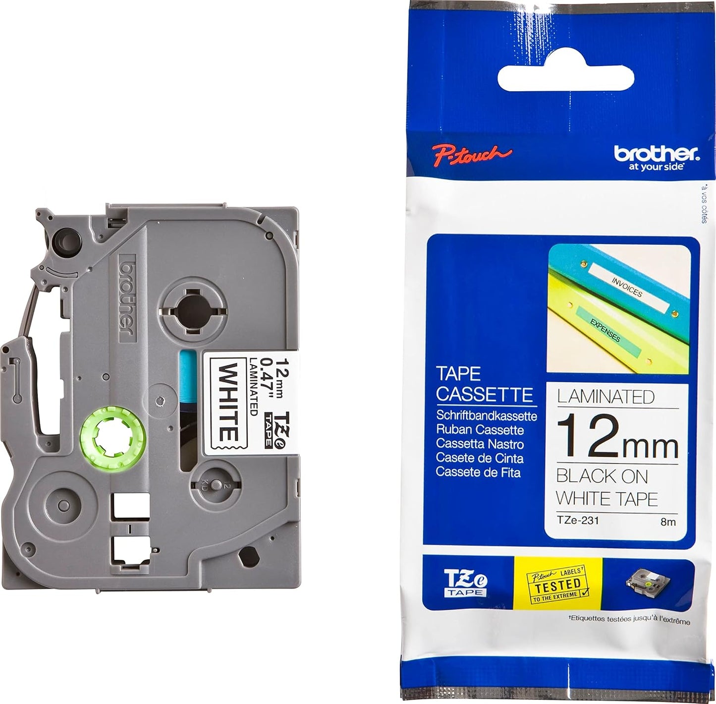 Brother Genuine P-Touch TZE-221 Tape, Extra Strength 9mm, 0.35", Laminated Black on White Water-Resistant, Single-Pack