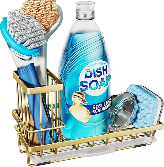 Consumest Sink Caddy, Kitchen Sponge Holder with Dish Brush Holder, Kitchen Sink Organizer with Drip Tray for Countertop, Stainless Steel Rustproof - Gold