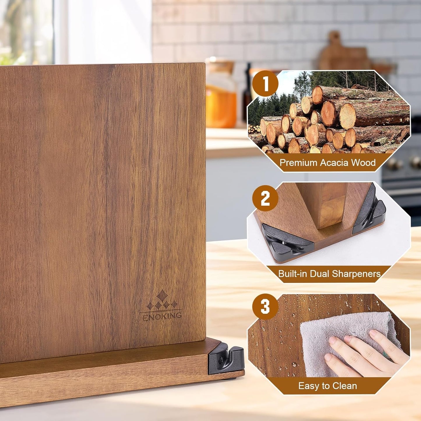ENOKING 15.2" Extra Large Magnetic Knife Block with Dual Sharpeners, Acacia Wood Knife Holder & Display Stand with Strong Magnets