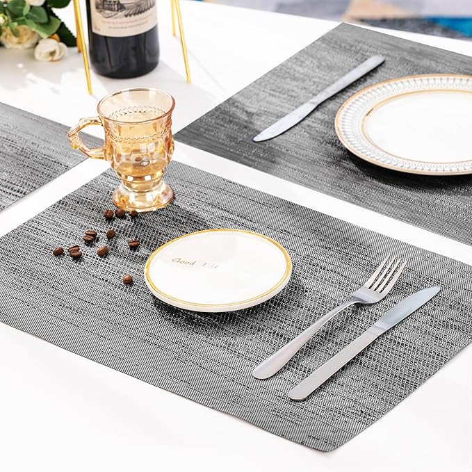 Leetaltree Grey Placemats, Heat Resistant Non-Slip Place mats for Dining Table, Washable Durable PVC Vinyl Woven Table Mats (Set of 4)