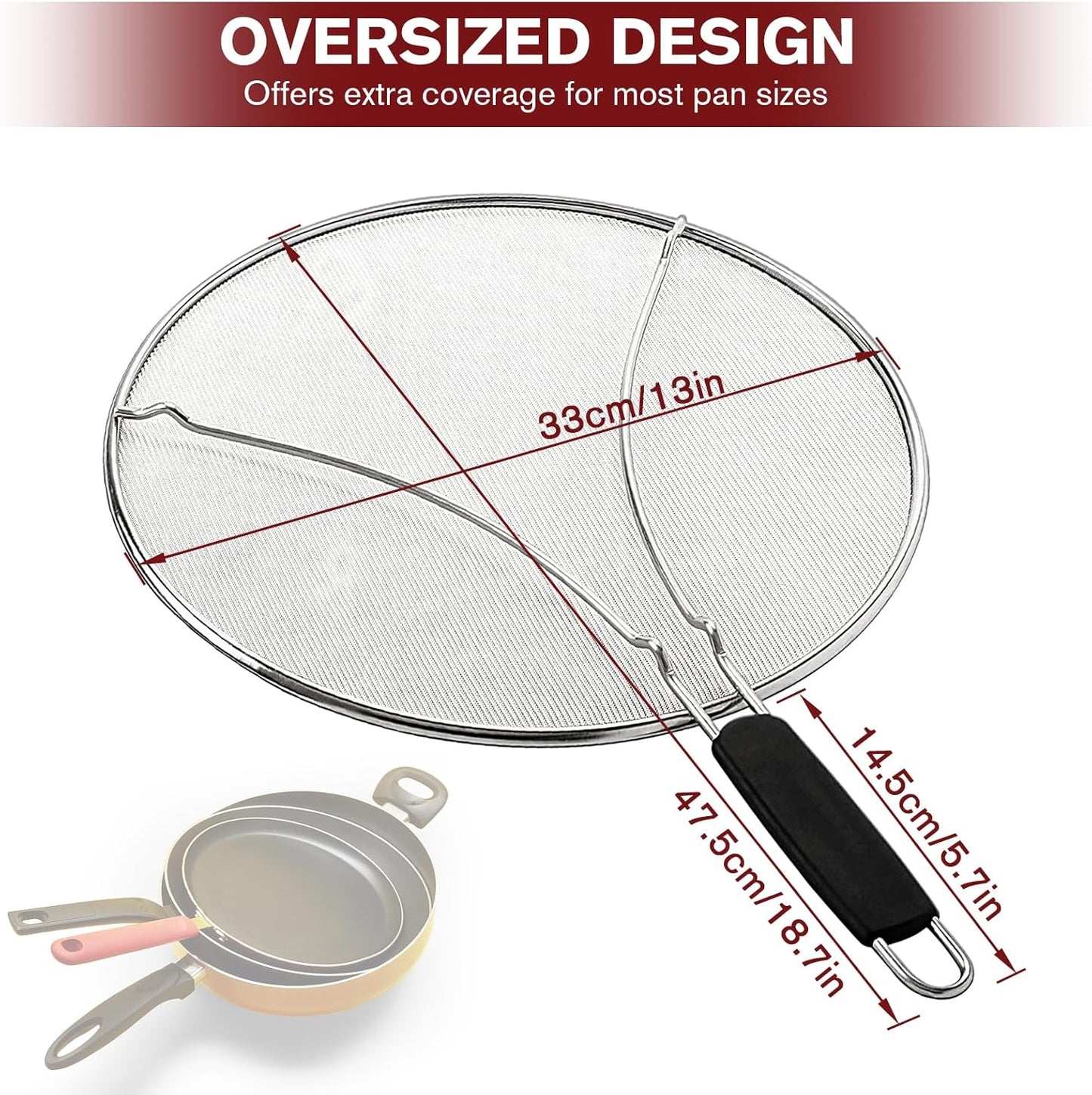 Splatter Screen for Frying Pan & Food Strainer,13 Inch Stainless Steel Grease Splatter Guard,Shield from Splashing Oil, Dishwasher Safe(Black)