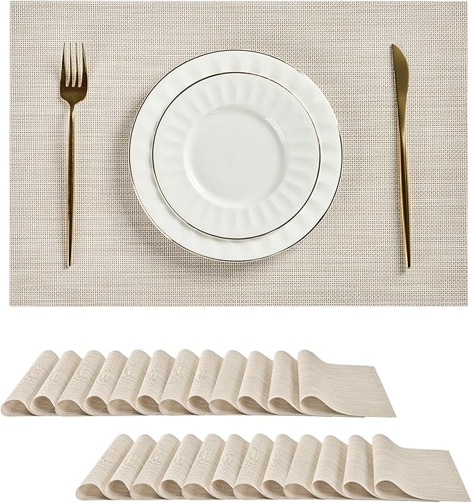 Leetaltree Beige White Placemats Set of 24 - Heat Resistant Non-Slip Place mats for Dining Table, Washable Durable PVC Vinyl Woven Table Mats（Beige White, 24）